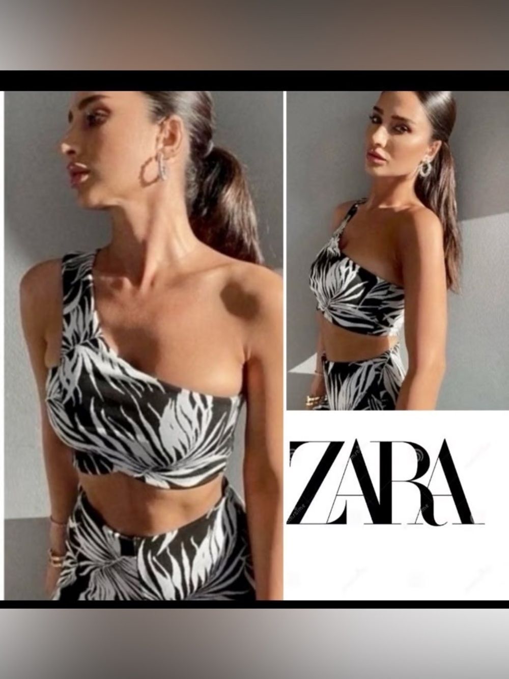 Zara One Shoulder Palm Print Floral Jacquard Crossover Crop Top B3